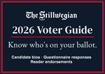 Graphic for The Stillwegian's 2026 Voter Guide with navy background and red border. Text reads: Know who's on your ballot. Candidate bios, questionnaire responses, reader endorsements.