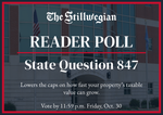 Stillwegian reader poll graphic for State Question 847 over a photo of the Payne County Administration building. Text: Lowers caps on property value growth. Vote by 11:59 p.m. Oct. 30.