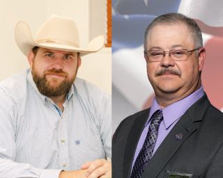 Composite photo showing Dillon Travis on left wearing cowboy hat and Mike Waters on right in suit jacket with glasses. Both are HD 35 Republican runoff candidates.