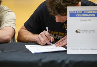 Stillwater baseball player Stetson Hendren signs National Letter of Intent to Emporia State University at signing day ceremony Feb. 4, 2026 at Pioneer Fieldhouse