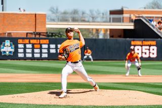 Oklahoma State pitcher Bryce Leblanc (10) delivers from the mound during OSU's 10-4 win over Cincinnati at O'Brate Stadium.