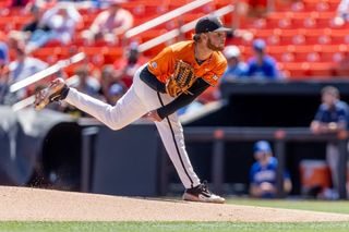 OSU left-hander Brennan Phillips delivers a pitch against Kansas on April 19, 2026, at O'Brate Stadium in Stillwater, Oklahoma.