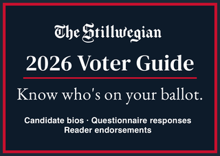 Graphic for The Stillwegian's 2026 Voter Guide with navy background and red border. Text reads: Know who's on your ballot. Candidate bios, questionnaire responses, reader endorsements.