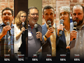 Composite of six June 16 Republican primary winners, from left: Zachary Cavett, Rhonda Markum, Chuck Hall, Jim Shaw, Molly Jenkins and Dillon Travis, each shown speaking into a microphone.