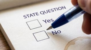 AI-generated illustration of a hand holding a blue pen over a paper ballot reading "State Question," with unmarked boxes next to "Yes" and "No."