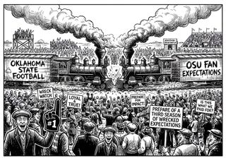 Editorial cartoon shows two locomotives labeled Oklahoma State Football and OSU Fan Expectations colliding as a crowd cheers and holds signs. AI-generated illustration.