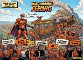 Cartoon illustration of a caped OSU football player in orange armor beside a steam train and gilded coach climbing a mountain, cheered by fans in orange holding signs.