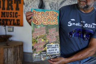 A poster for Red Dirt Roots Fest lists the Red Dirt Rangers, Mike McClure Band and The Smokin' Oaks, with festival details for Friday, Sept. 11, 6 p.m. at Block 34 in Stillwater, Oklahoma.