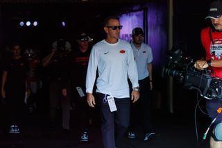 OSU head coach Eric Morris walks out of the tunnel at Boone Pickens Stadium in Stillwater before the Cowboys’ game against Oregon on Saturday, Sept. 12, 2026.