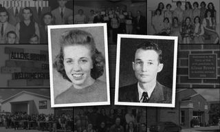 Black-and-white yearbook portraits of a smiling young woman and a young man in a suit and tie, set over a gray collage of a church, a food center, a plaque and group photos.
