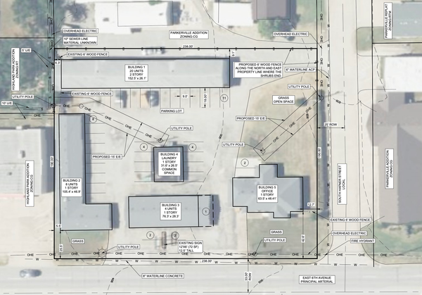 A top down view of the property with labels for each building stating their purpose and how many living units.