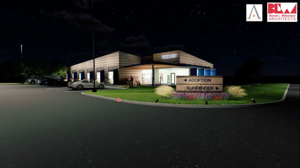 Rendering shows building with a way finding sign for adoptions and surrenders of pets.