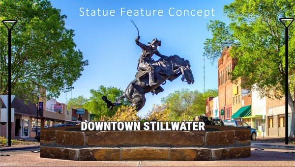 Rendering of Bronco Buster statue on stone wall base with "Downtown Stillwater" text, proposed centerpiece for 10th and Main roundabout improvements in downtown Stillwater.
