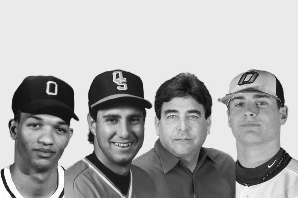 Composite image of 2025 OSU Baseball Hall of Fame inductees from left: Freddie Moulder, Dave Holliday, Rex Holt and Tyler Lyons. Black and white photos.