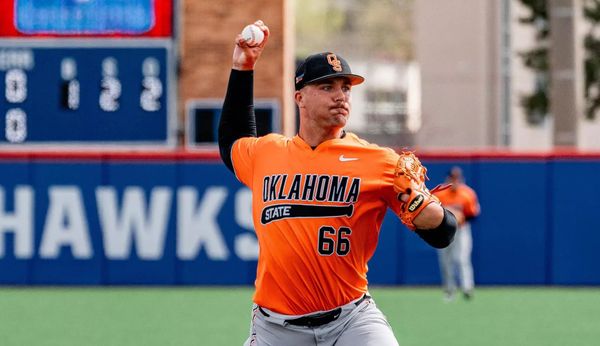 Oklahoma State pitcher Mario Pesca throws during a game against Kansas on March 30, 2025. Pesca lost 30-plus pounds in the offseason before his senior year.