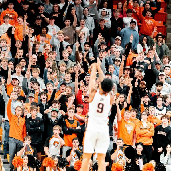 Oklahoma State guard Anthony Roy (9) shoots a three-pointer before a packed student section at Gallagher-Iba Arena during the Cowboys' 99-92 win over No. 16 BYU on Wednesday, Feb. 5, 2026.