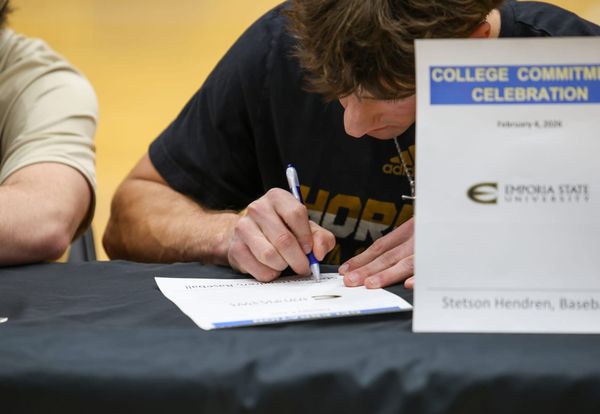 Stillwater baseball player Stetson Hendren signs National Letter of Intent to Emporia State University at signing day ceremony Feb. 4, 2026 at Pioneer Fieldhouse