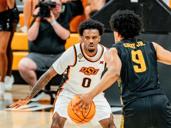 OSU guard Jaylen Curry (00) plays defense against Wichita State in a 96-70 NIT second-round loss at Gallagher-Iba Arena in Stillwater.