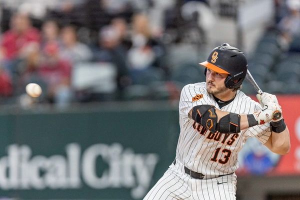 Oklahoma State center fielder Kollin Ritchie (13) at bat against Vanderbilt on Feb. 15, 2026, at Globe Life Field in Arlington, Texas.