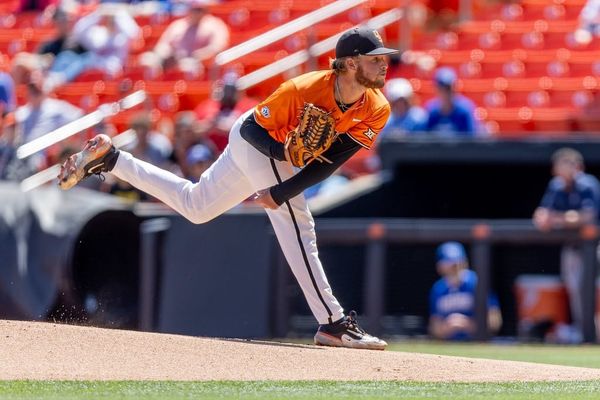 OSU left-hander Brennan Phillips delivers a pitch against Kansas on April 19, 2026, at O'Brate Stadium in Stillwater, Oklahoma.