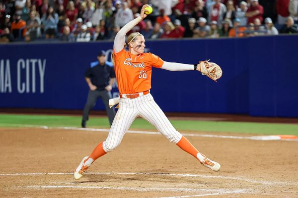 OSU pitcher Ruby Meylan delivers during the Cowgirls' 6-4 win against top-ranked Oklahoma at Devon Park in Oklahoma City on April 15, 2026.