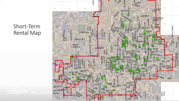 City of Stillwater map showing 167 licensed short-term rentals as green markers concentrated near Oklahoma State University and surrounding neighborhoods. 