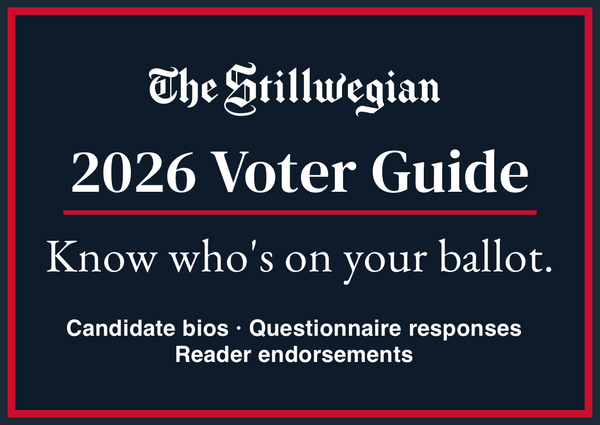 Graphic for The Stillwegian's 2026 Voter Guide with navy background and red border. Text reads: Know who's on your ballot. Candidate bios, questionnaire responses, reader endorsements.