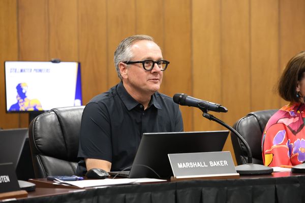 Marshall Baker listens during a Stillwater Public Schools Board of Education meeting April 14, 2026, at the district's administration building in Stillwater.