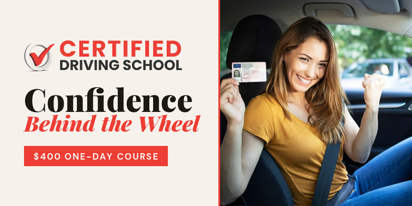 A promotional graphic for Certified Driving School featuring a smiling woman in a car holding a driver's license, with text advertising a $400 weekend course.