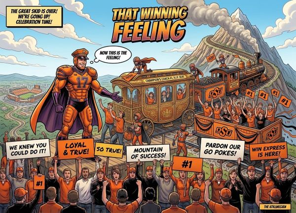 Cartoon illustration of a caped OSU football player in orange armor beside a steam train and gilded coach climbing a mountain, cheered by fans in orange holding signs.