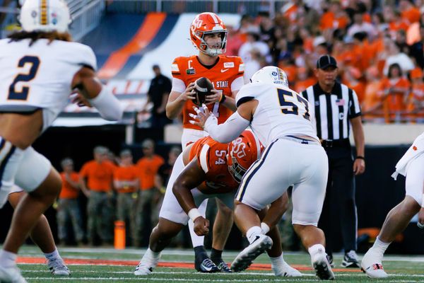 OSU quarterback Drew Mestemaker looks downfield from the pocket against Murray State on Saturday, Sept. 19, 2026, at Boone Pickens Stadium in Stillwater.