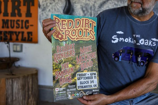 A poster for Red Dirt Roots Fest lists the Red Dirt Rangers, Mike McClure Band and The Smokin' Oaks, with festival details for Friday, Sept. 11, 6 p.m. at Block 34 in Stillwater, Oklahoma.