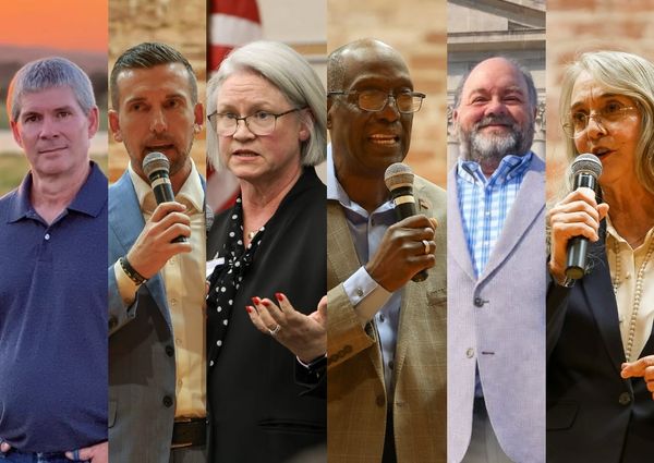 Six side-by-side photos of Oklahoma House candidates, from left: Andy Brown, Jim Shaw, Trish Ranson, Aaron Means, Max Burchett Jr. and Molly Jenkins. Three hold microphones.