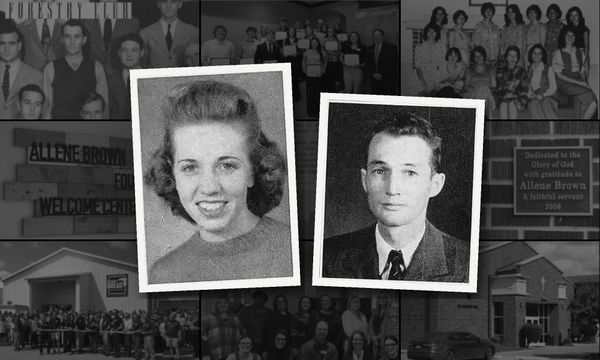 Black-and-white yearbook portraits of a smiling young woman and a young man in a suit and tie, set over a gray collage of a church, a food center, a plaque and group photos.