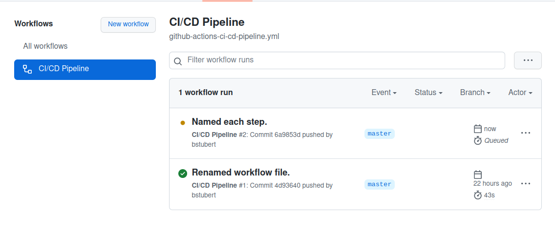 The screenshot shows the list of workflow runs, where the first run is still in progress.