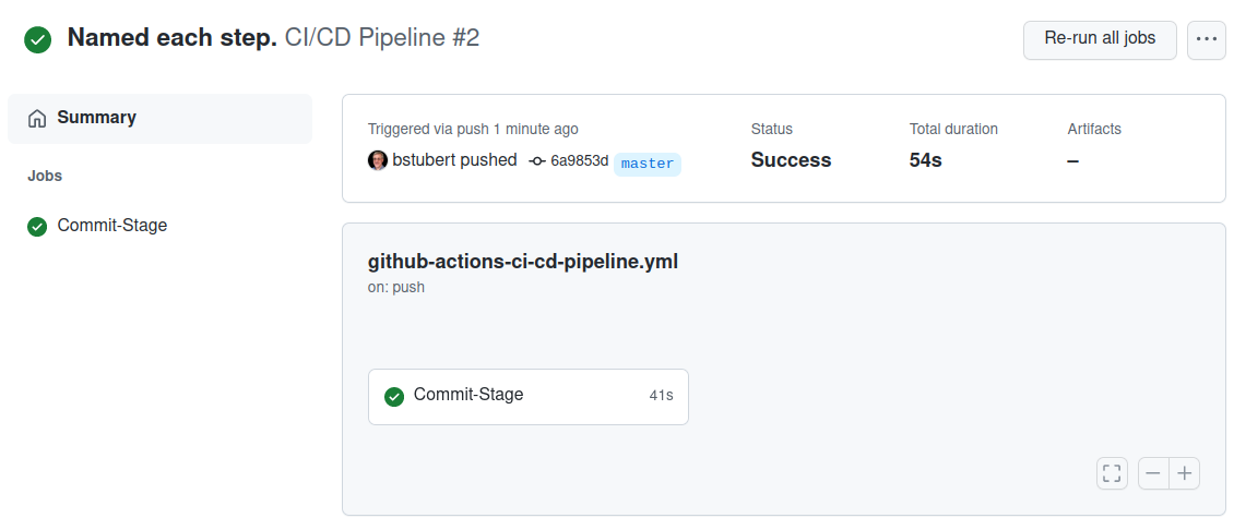 The screenshot shows some statistics about the successful job Commit-Stage.