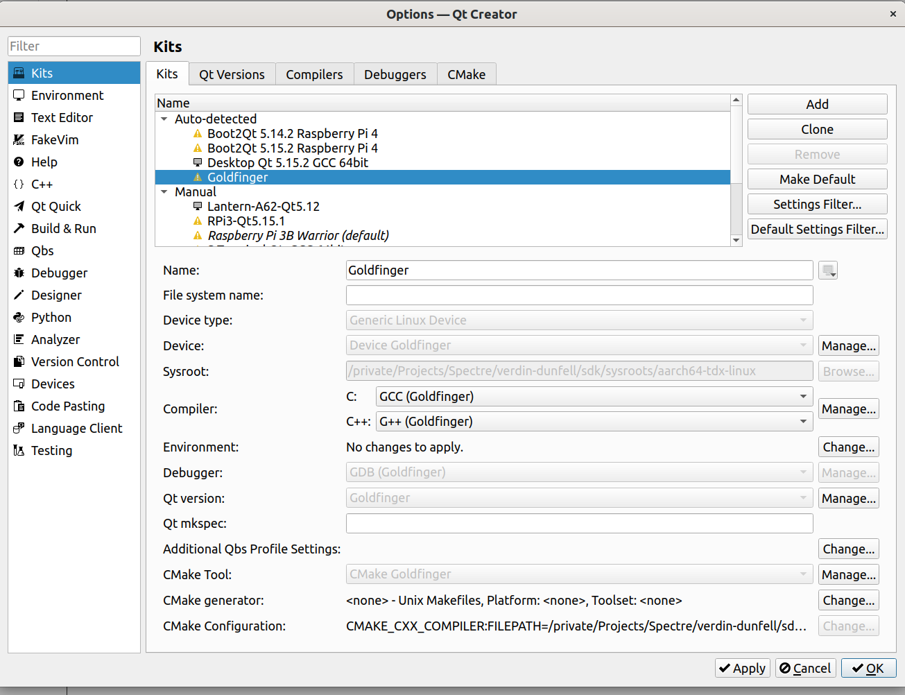 QtCreator shows the kit Goldfinger that you just created with the script configure-qtcreator.sh
