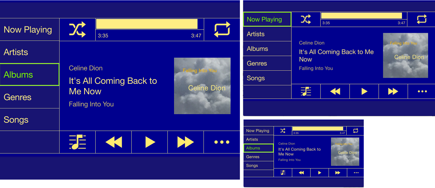 Different screen sizes: left - 800x600 (4:3), top right - 640x386 (5:3), bottom right - 400x225 (16:9)