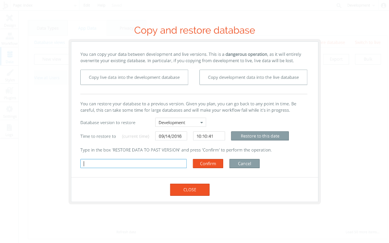 Bubble editor screen with option to copy and restore database.