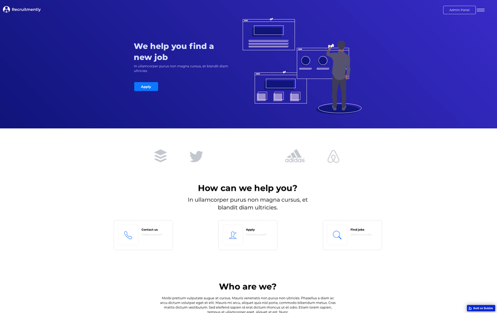 Recruitmently offers a full recruitment backend allowing users and recruiters to interact between each other.