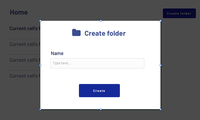 No-code Dropbox clone popup element creating a new folder