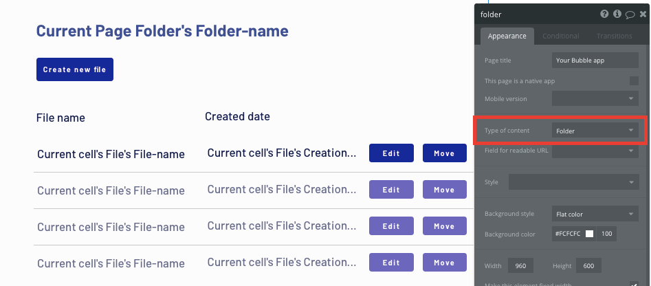 Configuring the type of page content using Bubble’s no-code editor