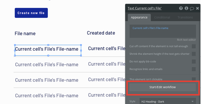Bubble no-code Dropbox clone building a workflow trigger 