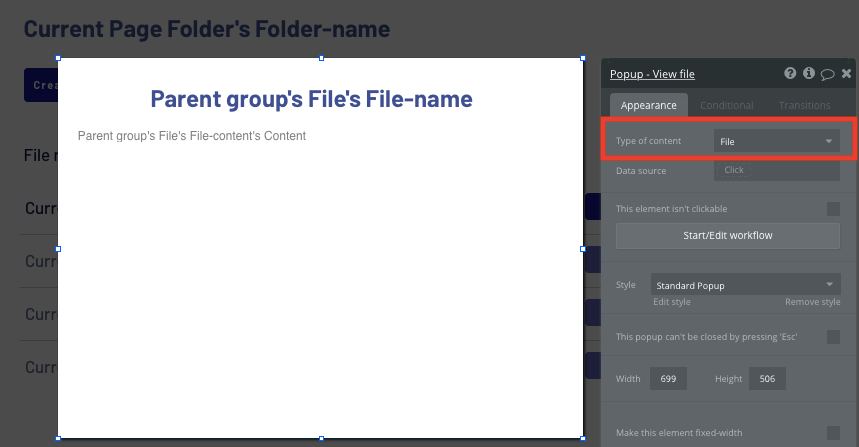 A no-code popup displaying a Dropbox file
