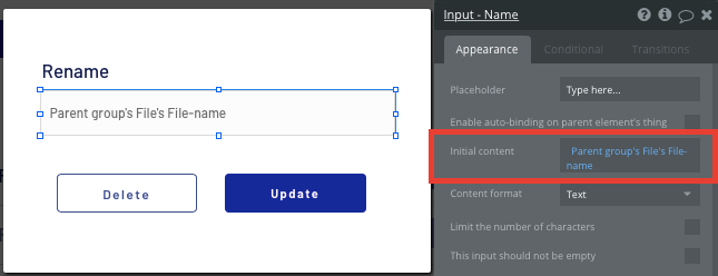 Adding initial content to display the name of a no-code Dropbox file