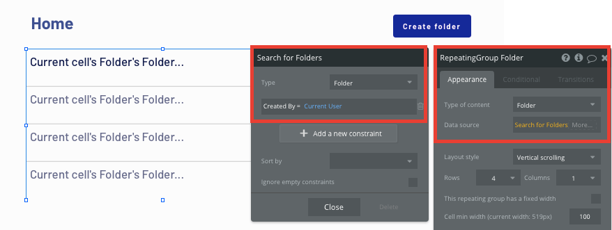 Configuring a Dropbox folder repeating group in Bubble’s no-code platform