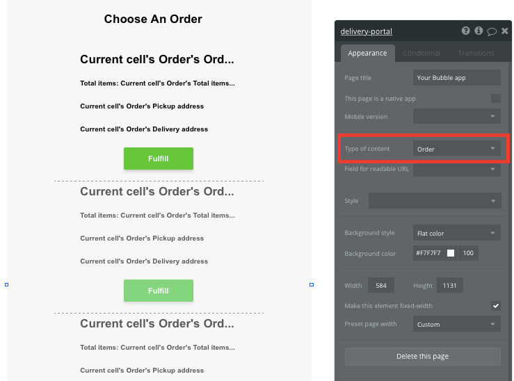 Bubble No Code Instacart clone tutorial walkthrough - choose order.