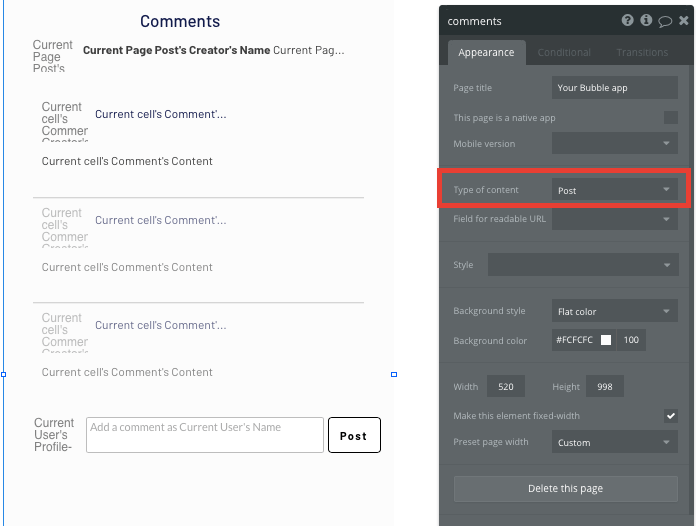 Configuring a page type in Bubble’s no-code Instagram mobile app