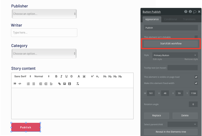 Bubble News Aggregator App Story Publish Button Workflow