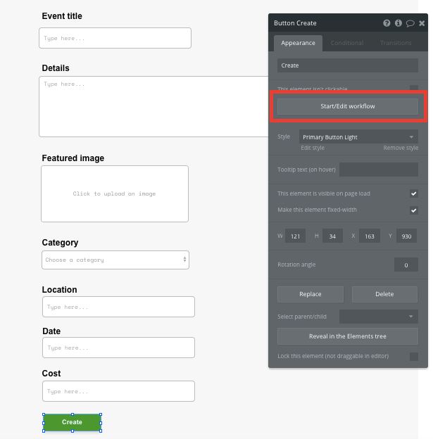 Bubble no code eventbrite clone walkthrough tutorial - create button workflow.